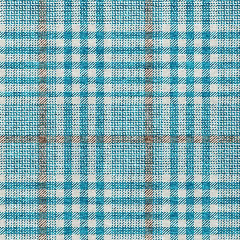 9' X 12' Teal Blue Ivory And Brown Plaid Washable Indoor Outdoor Area Rug