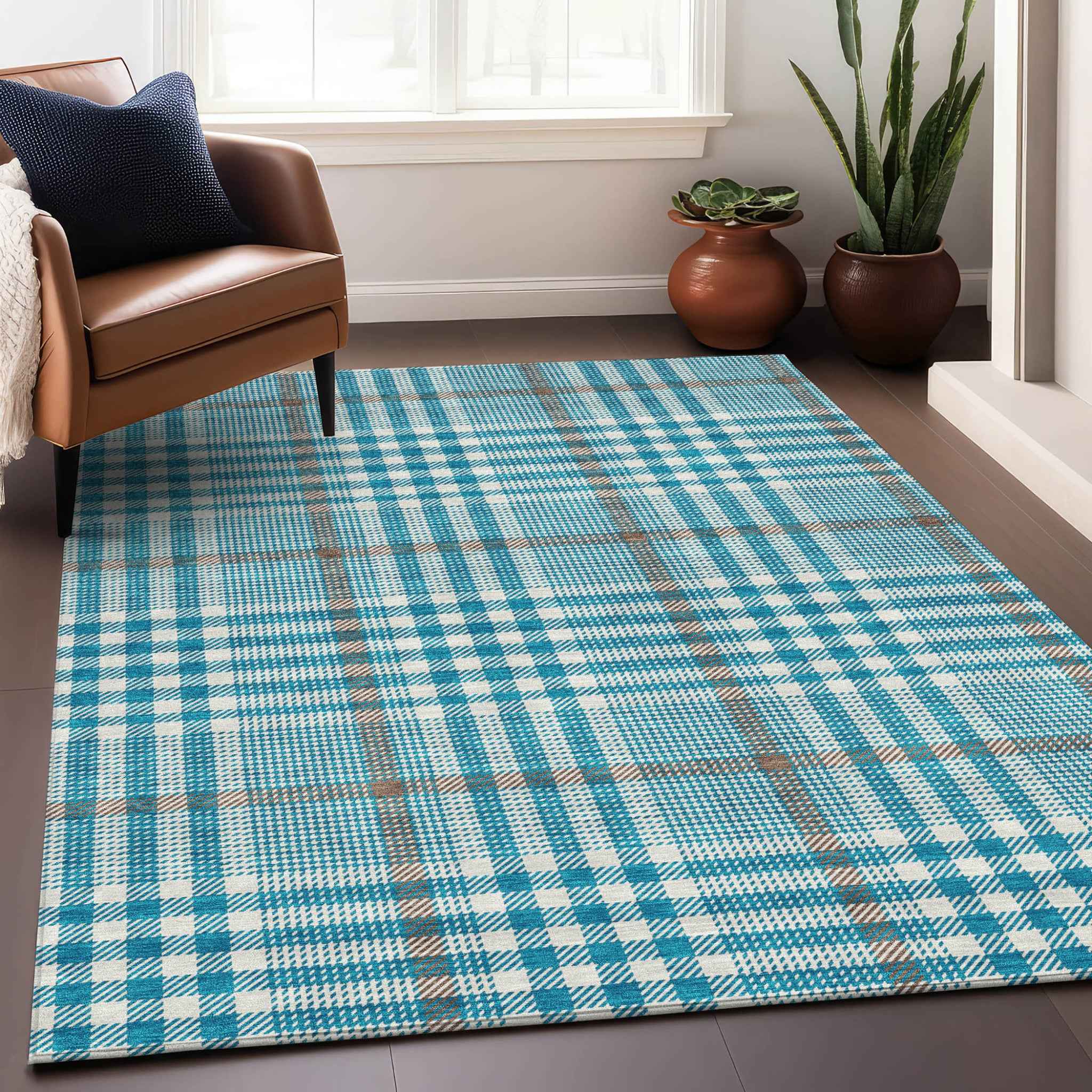 9' X 12' Teal Blue Ivory And Brown Plaid Washable Indoor Outdoor Area Rug