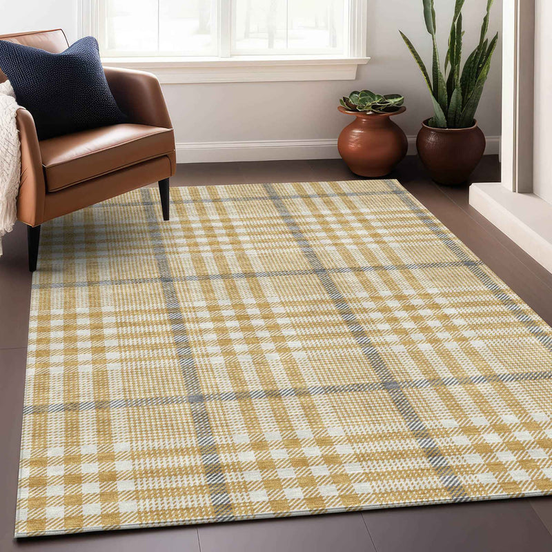 9' X 12' Gold Gray And Beige Plaid Washable Indoor Outdoor Area Rug