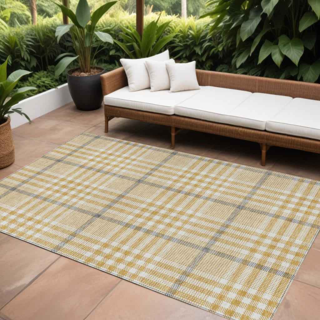 9' X 12' Gold Gray And Beige Plaid Washable Indoor Outdoor Area Rug