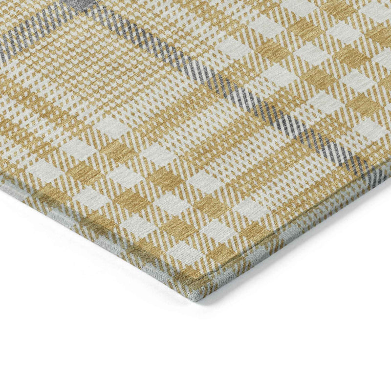 9' X 12' Gold Gray And Beige Plaid Washable Indoor Outdoor Area Rug
