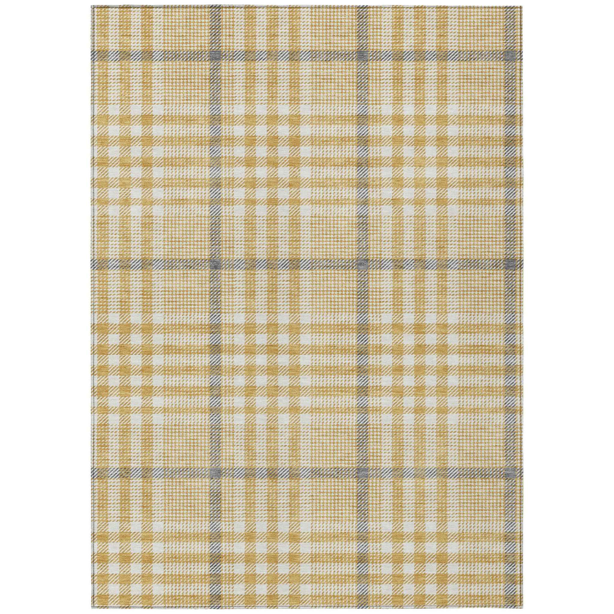 9' X 12' Gold Gray And Beige Plaid Washable Indoor Outdoor Area Rug