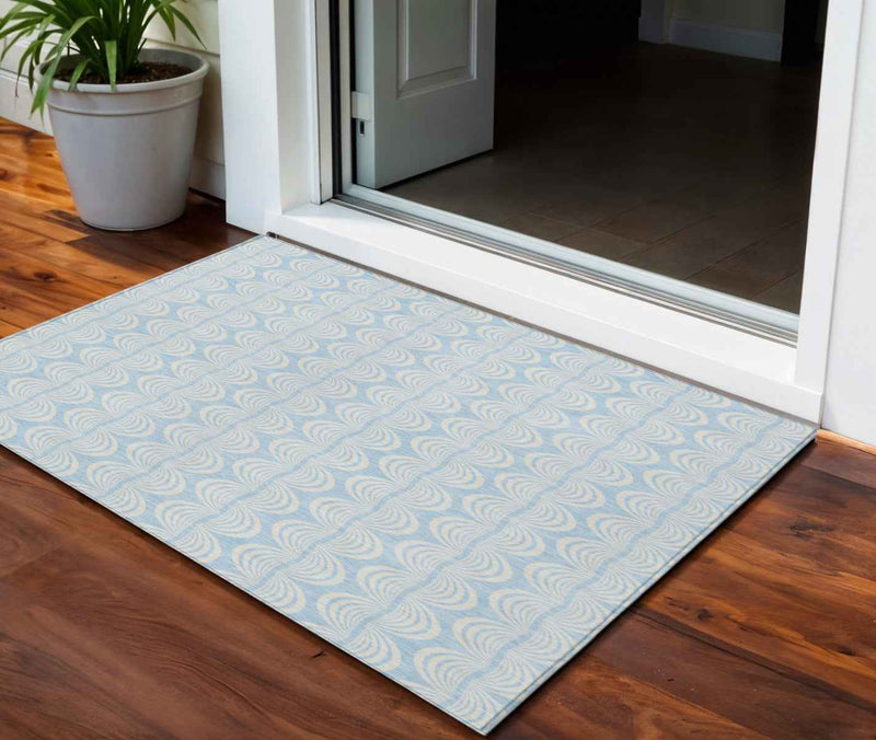 3' X 5' Sky Blue And Beige Ogee Washable Indoor Outdoor Area Rug