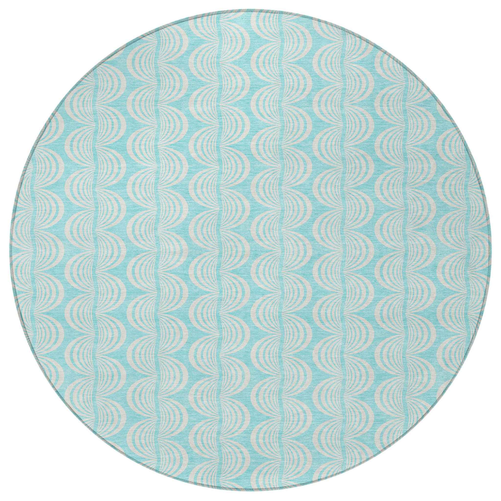8' Aqua And Beige Round Ogee Washable Indoor Outdoor Area Rug