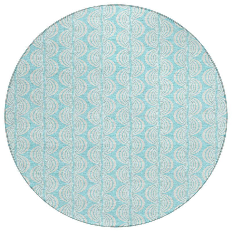 8' Aqua And Beige Round Ogee Washable Indoor Outdoor Area Rug