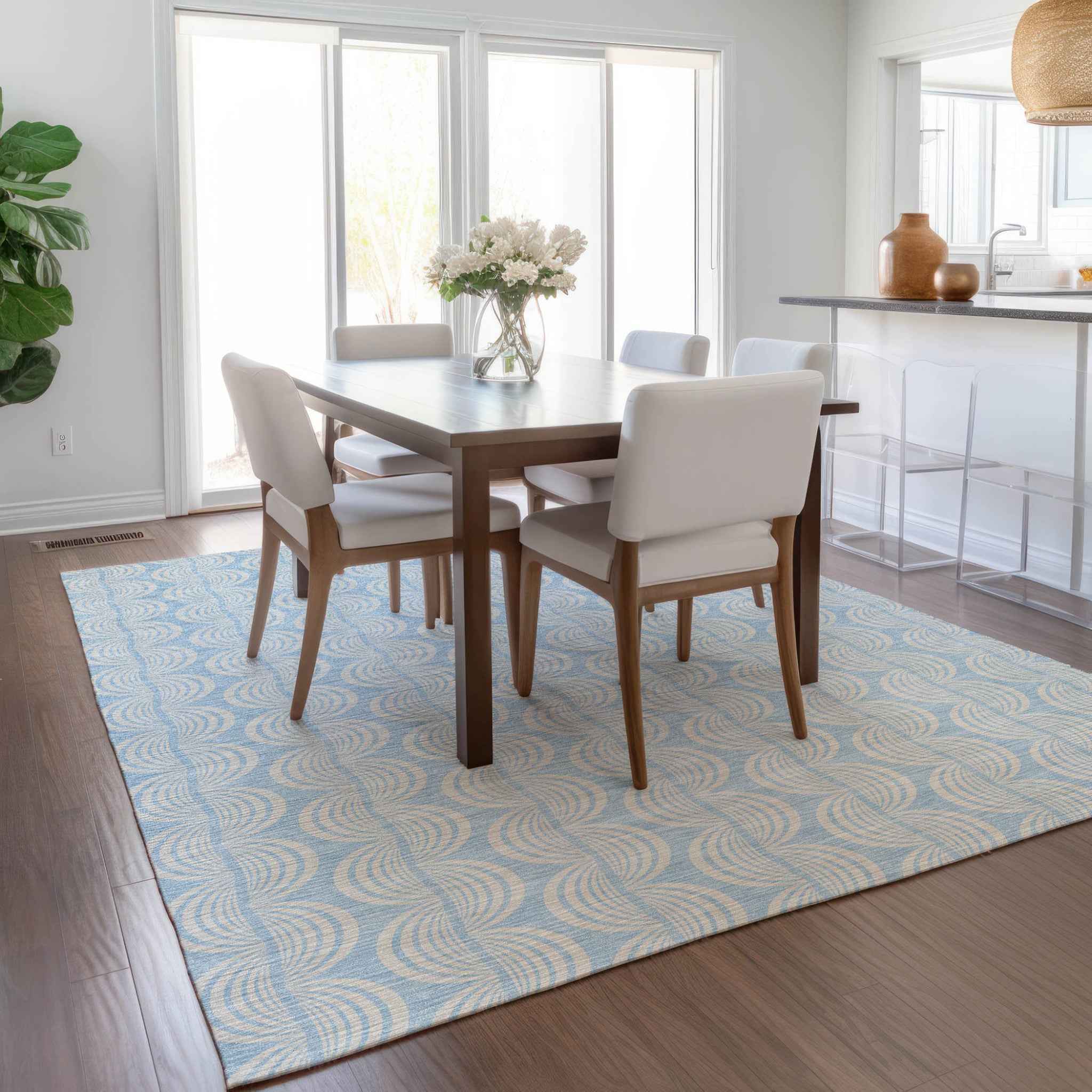 3' X 5' Sky Blue And Beige Ogee Washable Indoor Outdoor Area Rug