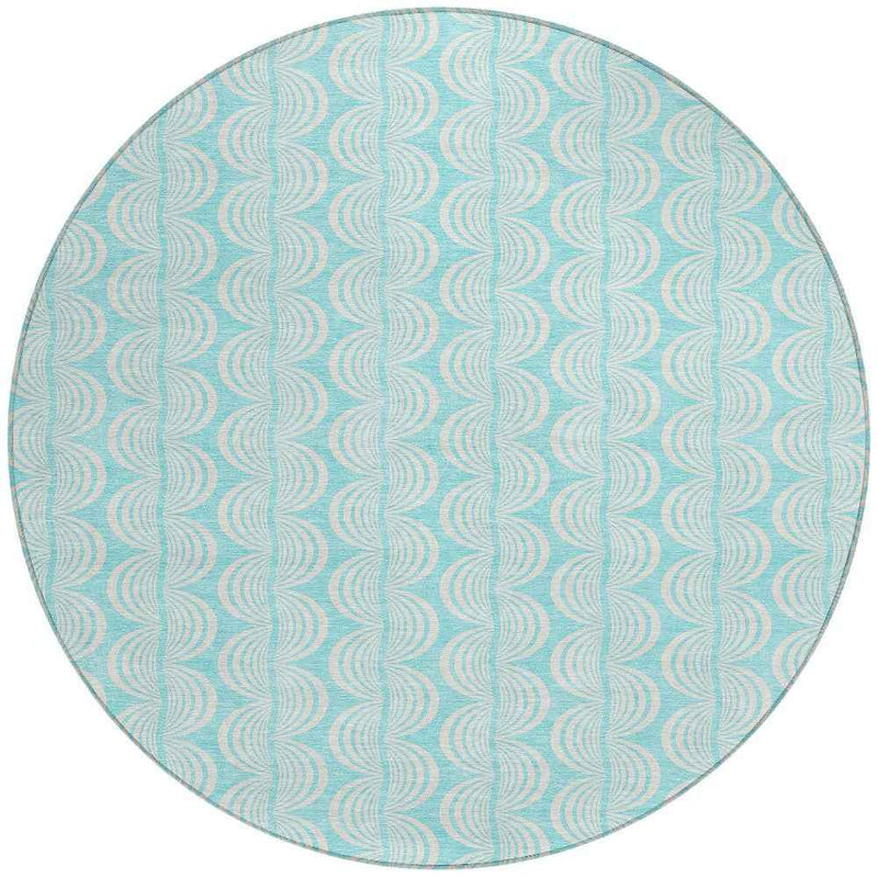 8' Aqua And Beige Round Ogee Washable Indoor Outdoor Area Rug