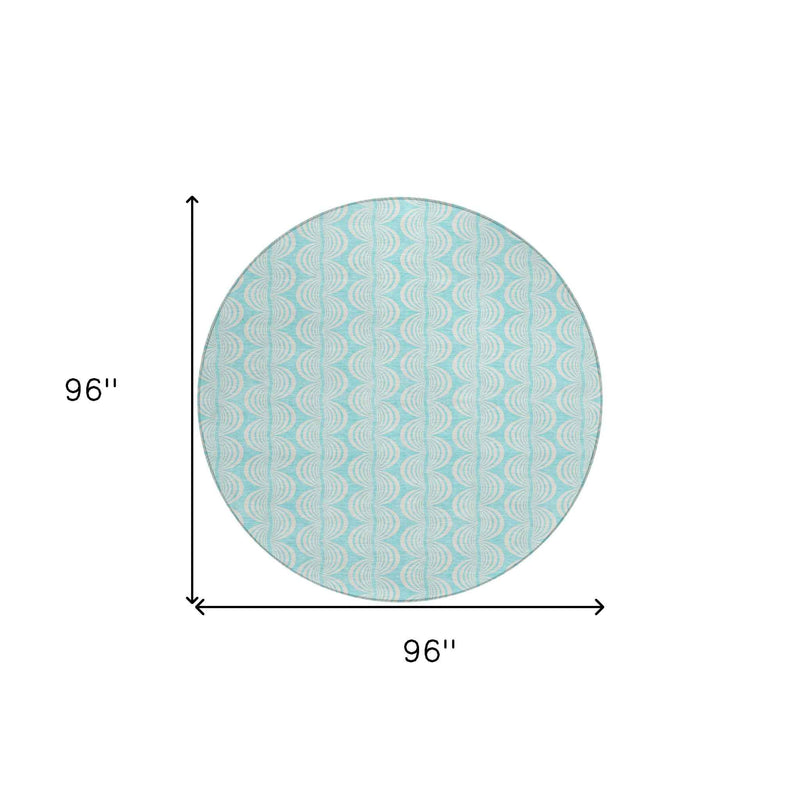 8' Aqua And Beige Round Ogee Washable Indoor Outdoor Area Rug