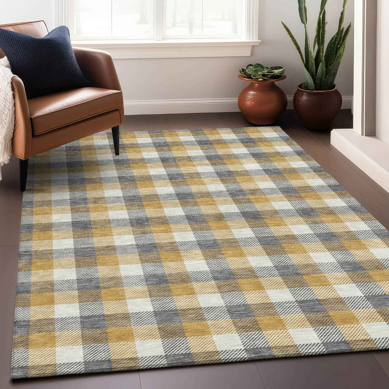 3' X 5' Gray Tan And Beige Plaid Washable Indoor Outdoor Area Rug