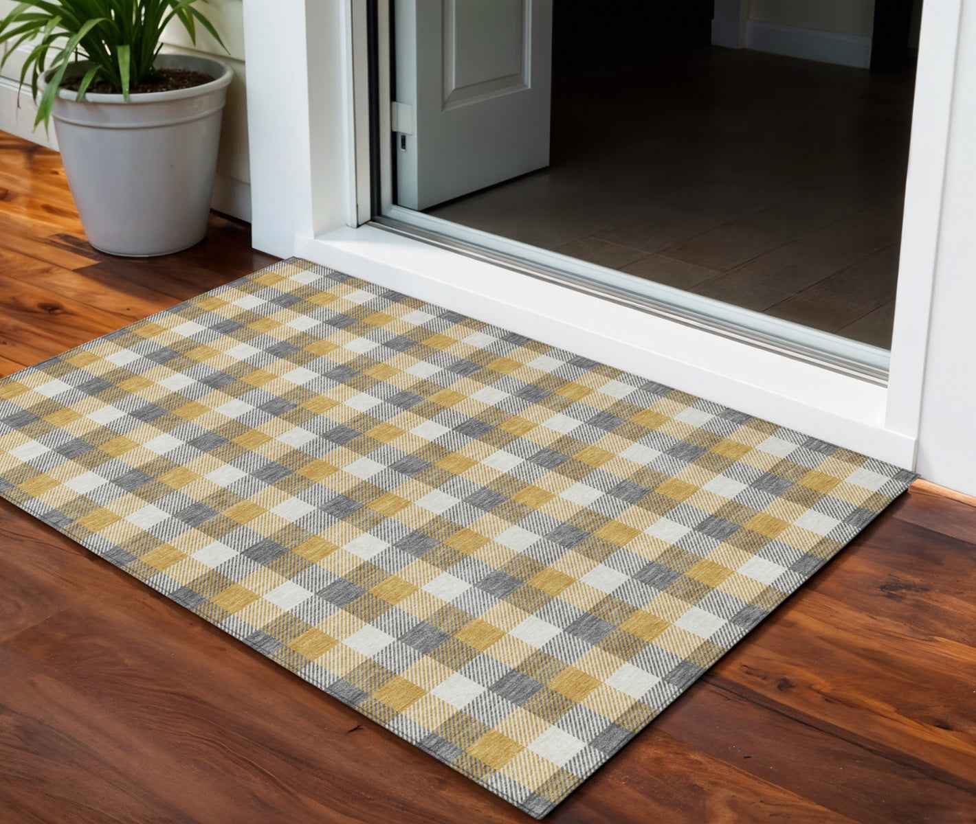 3' X 5' Gray Tan And Beige Plaid Washable Indoor Outdoor Area Rug
