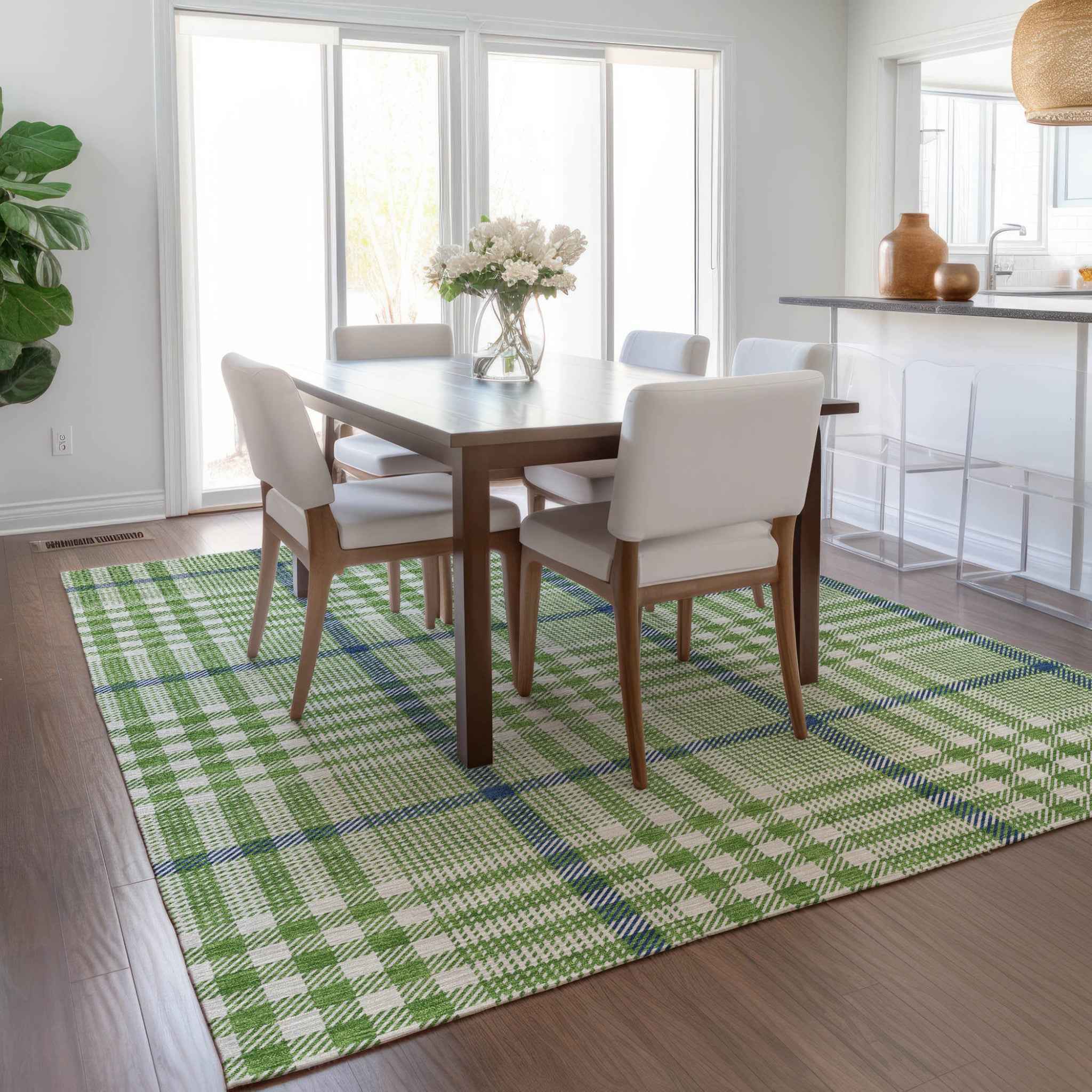 8' X 10' Green And Ivory Plaid Washable Indoor Outdoor Area Rug