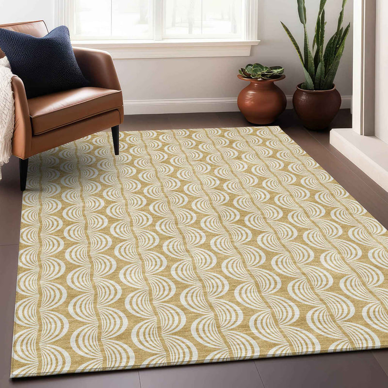 9' X 12' Gold And Beige Ogee Washable Indoor Outdoor Area Rug