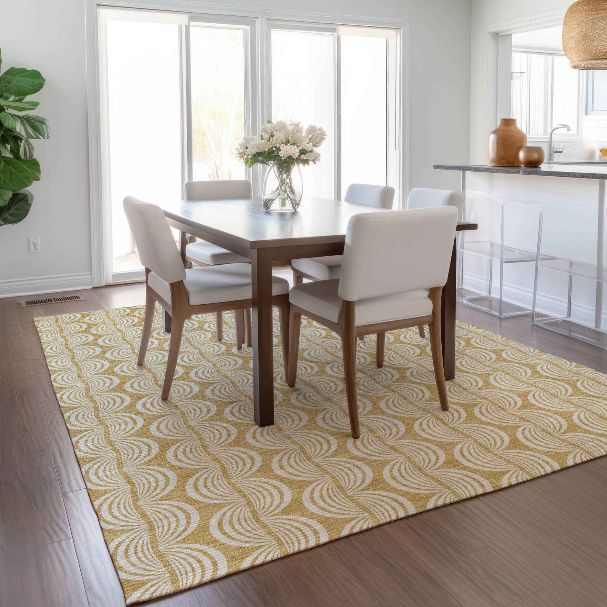 9' X 12' Gold And Beige Ogee Washable Indoor Outdoor Area Rug