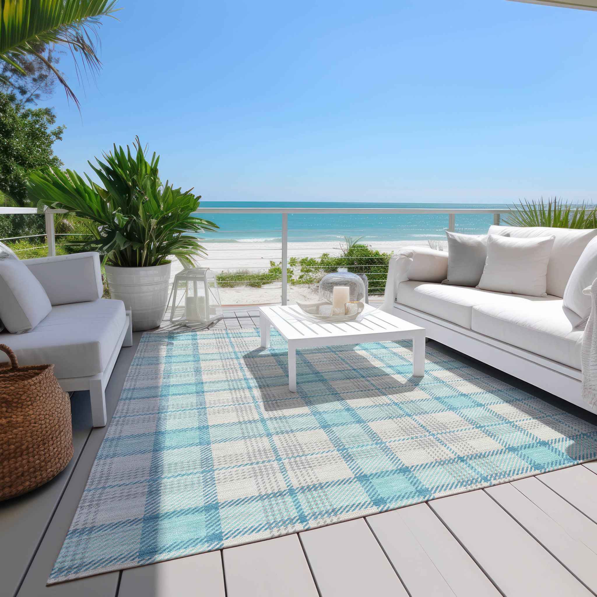 3' X 5' Aqua And Gray Plaid Washable Indoor Outdoor Area Rug