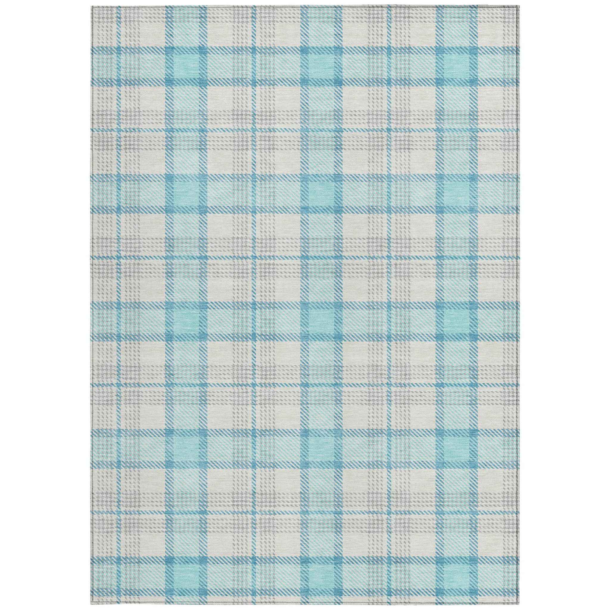 3' X 5' Aqua And Gray Plaid Washable Indoor Outdoor Area Rug
