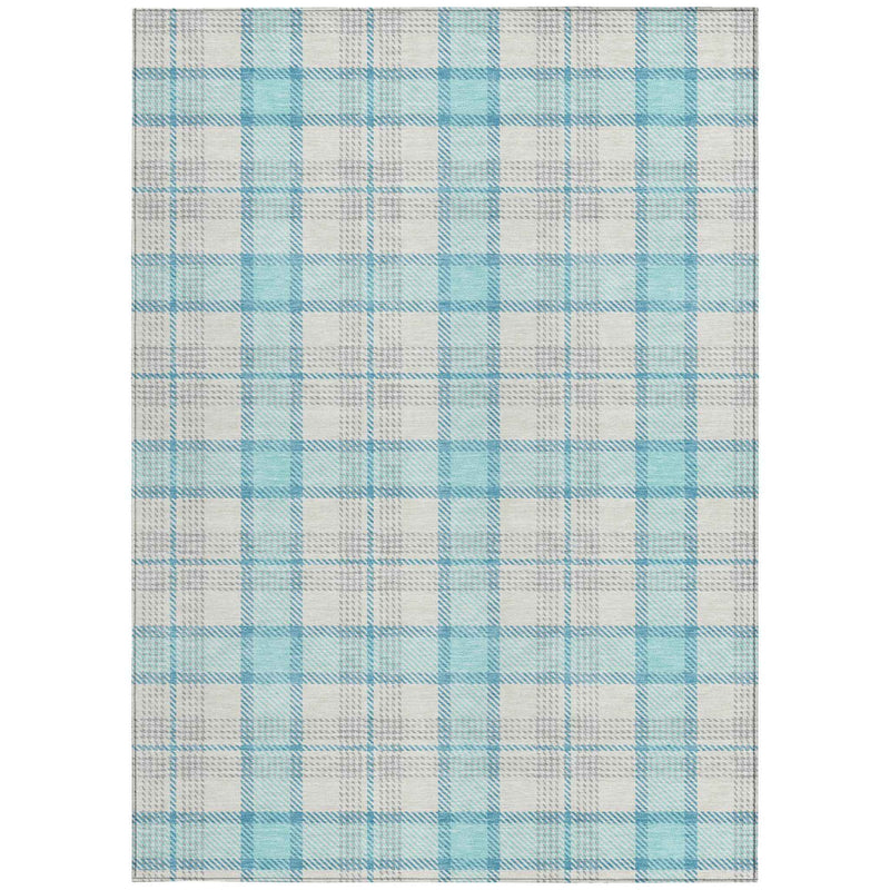 3' X 5' Aqua And Gray Plaid Washable Indoor Outdoor Area Rug