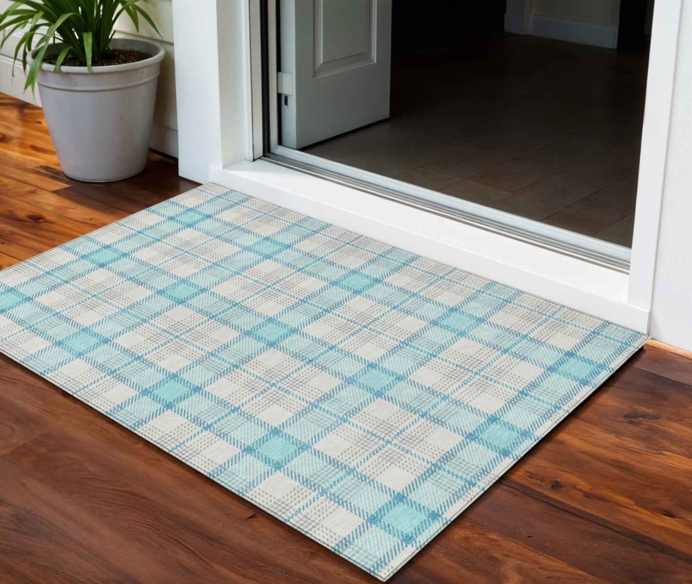 3' X 5' Aqua And Gray Plaid Washable Indoor Outdoor Area Rug