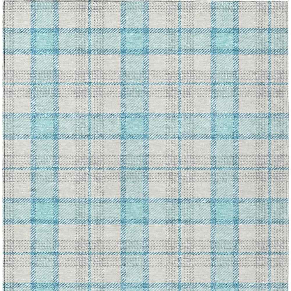 3' X 5' Aqua And Gray Plaid Washable Indoor Outdoor Area Rug