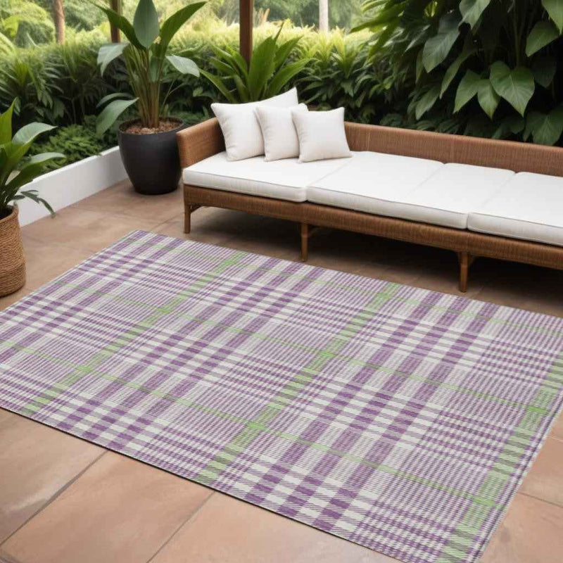 10' X 14' Purple Green And Ivory Plaid Washable Indoor Outdoor Area Rug