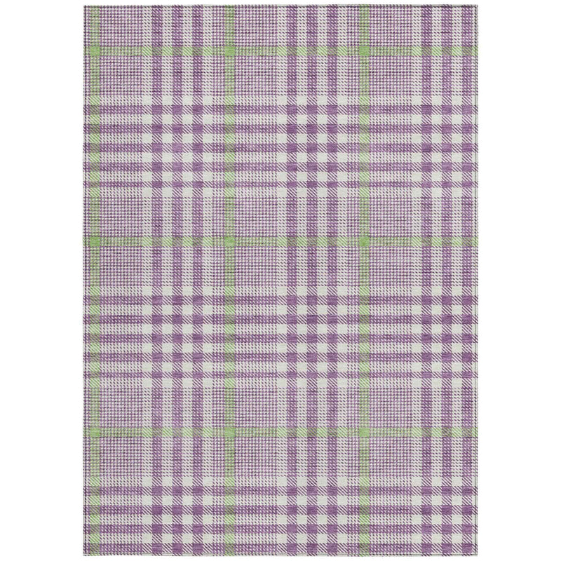 10' X 14' Purple Green And Ivory Plaid Washable Indoor Outdoor Area Rug
