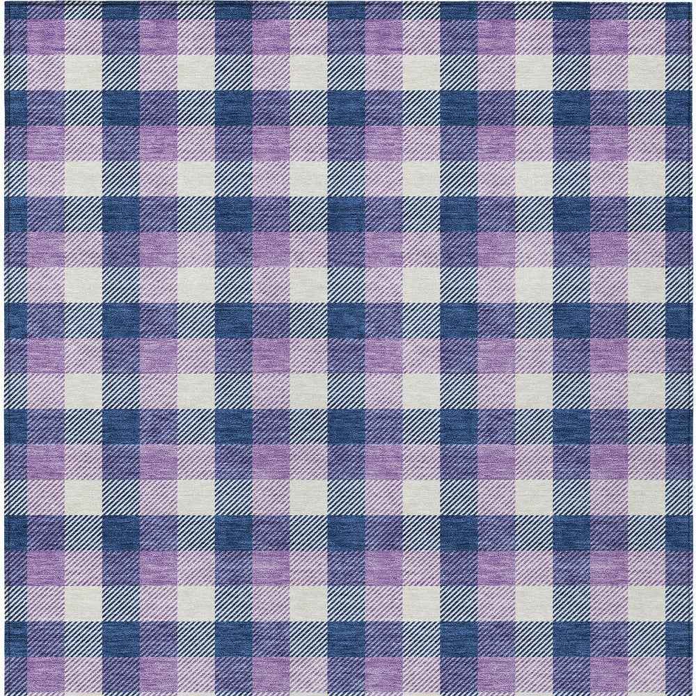 8' X 10' Navy Blue Purple And Beige Plaid Washable Indoor Outdoor Area Rug