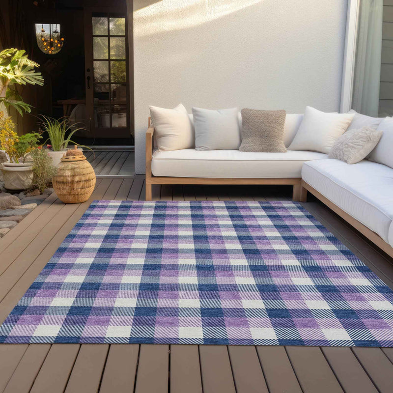 8' X 10' Navy Blue Purple And Beige Plaid Washable Indoor Outdoor Area Rug