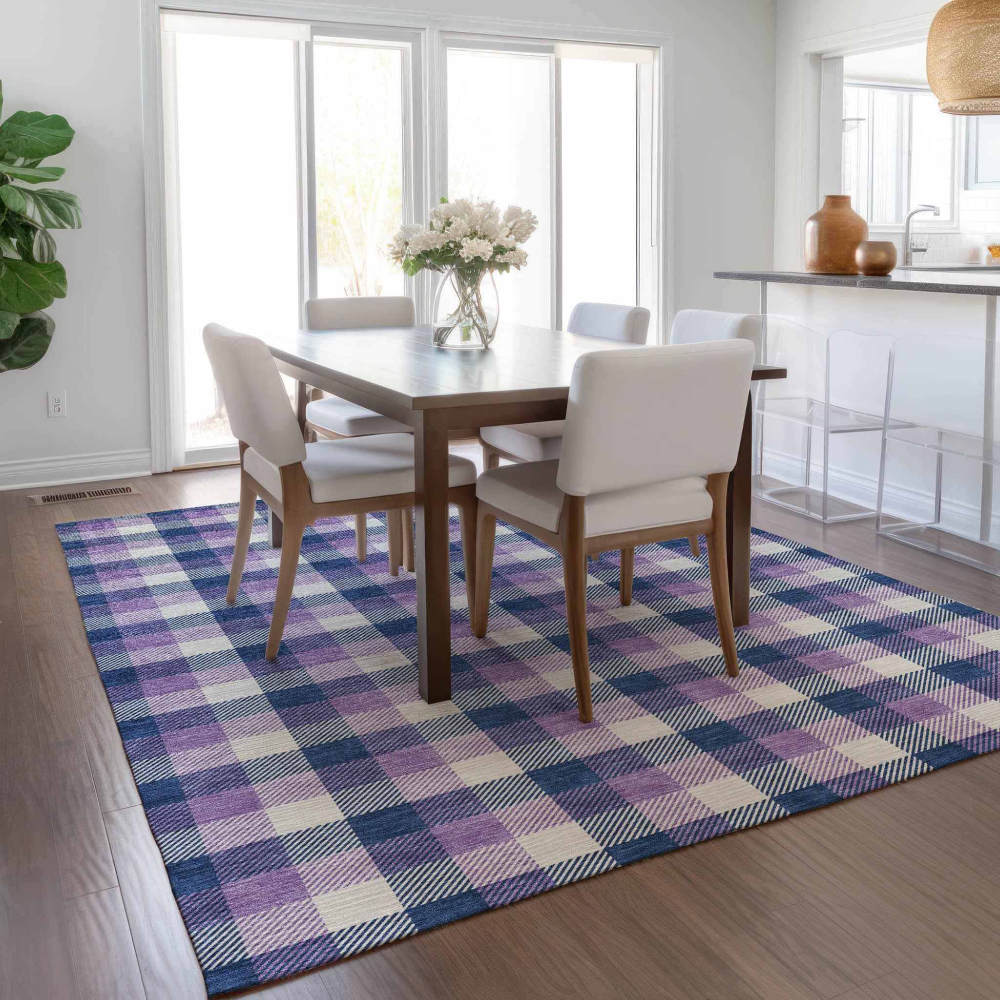 8' X 10' Navy Blue Purple And Beige Plaid Washable Indoor Outdoor Area Rug