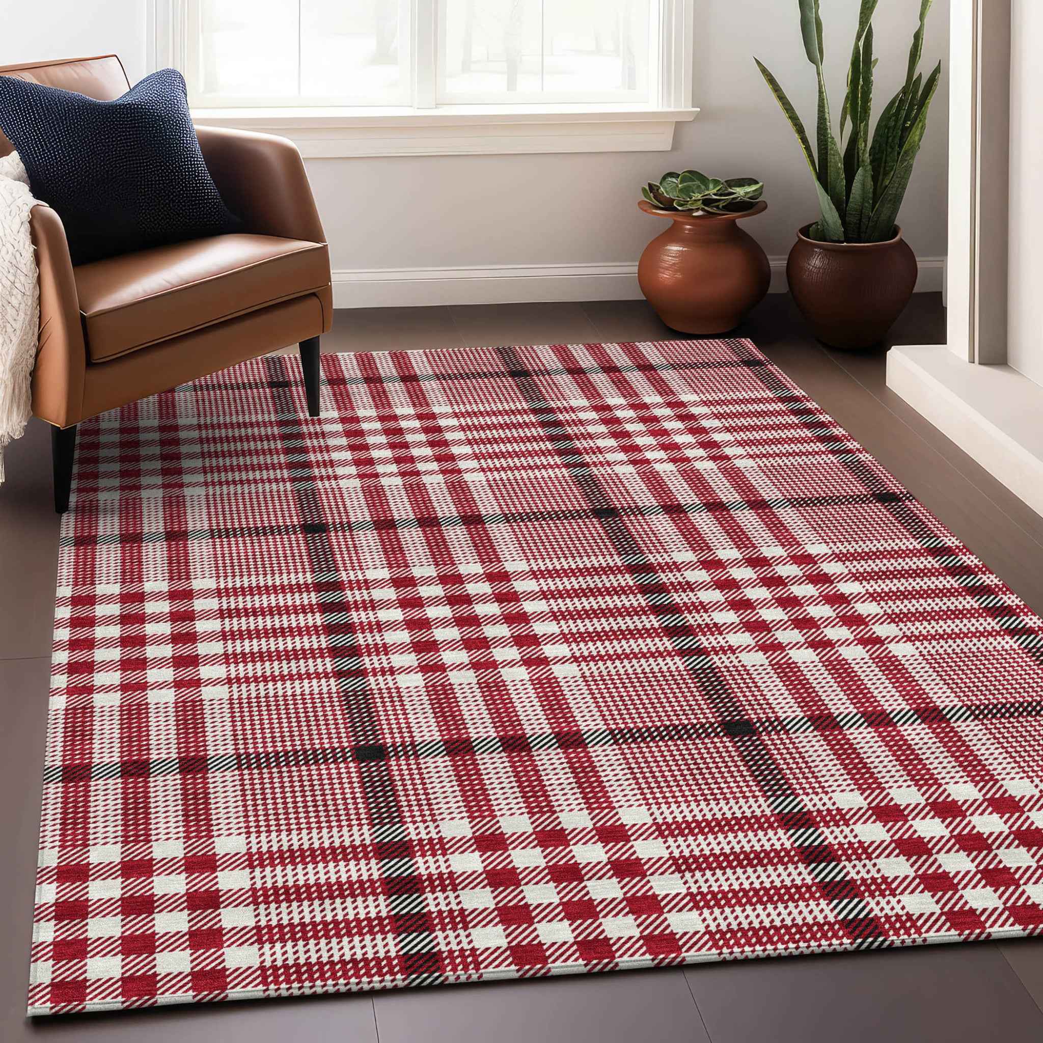 3' X 5' Red Black And Ivory Plaid Washable Indoor Outdoor Area Rug