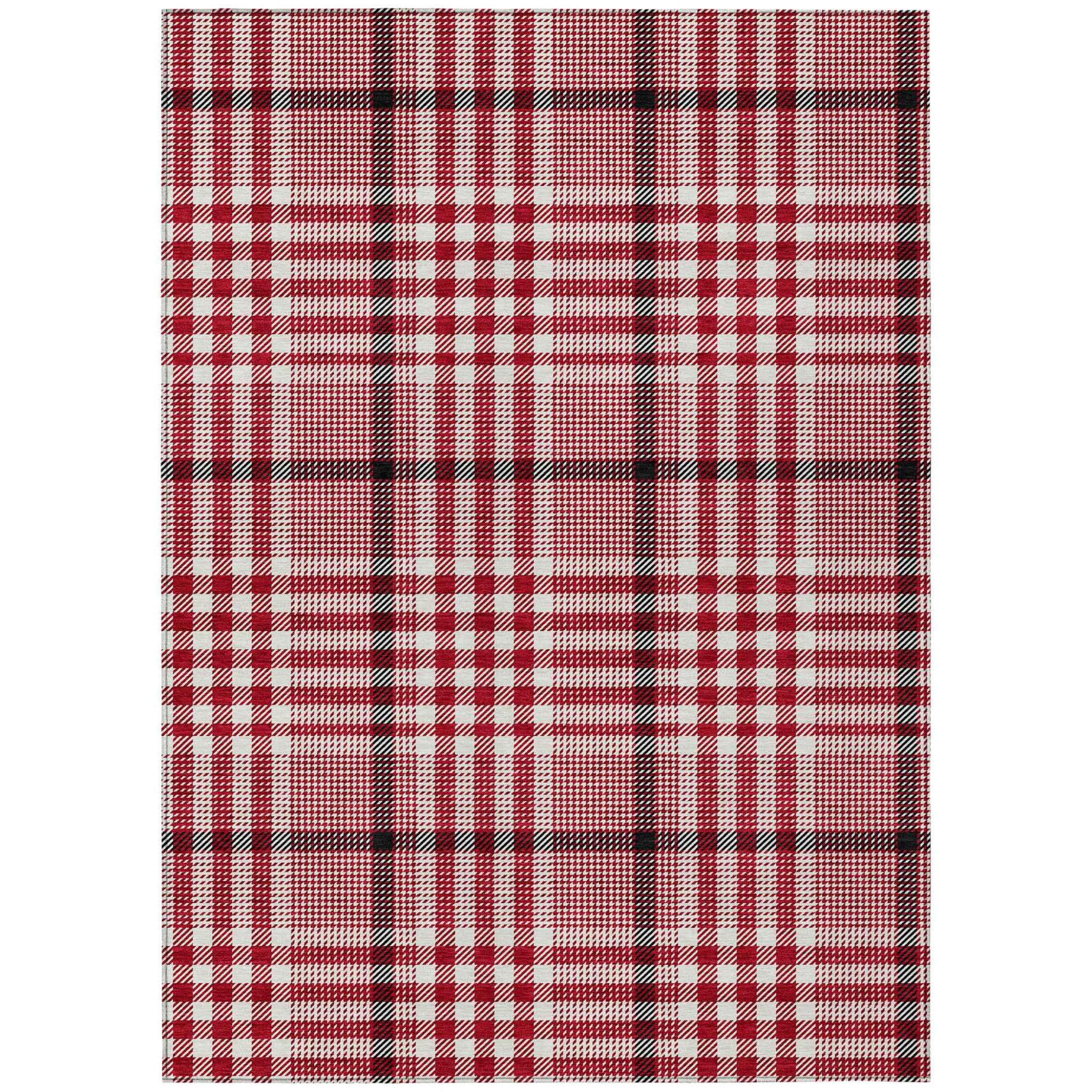 3' X 5' Red Black And Ivory Plaid Washable Indoor Outdoor Area Rug