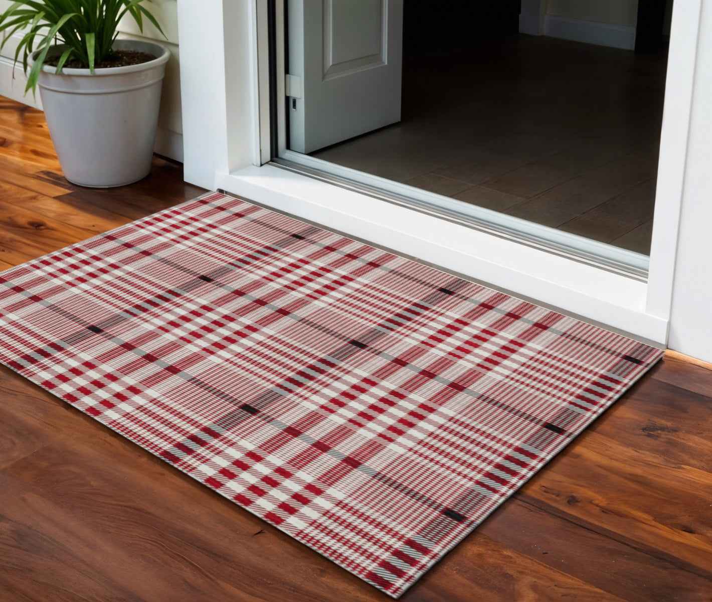 3' X 5' Red Black And Ivory Plaid Washable Indoor Outdoor Area Rug