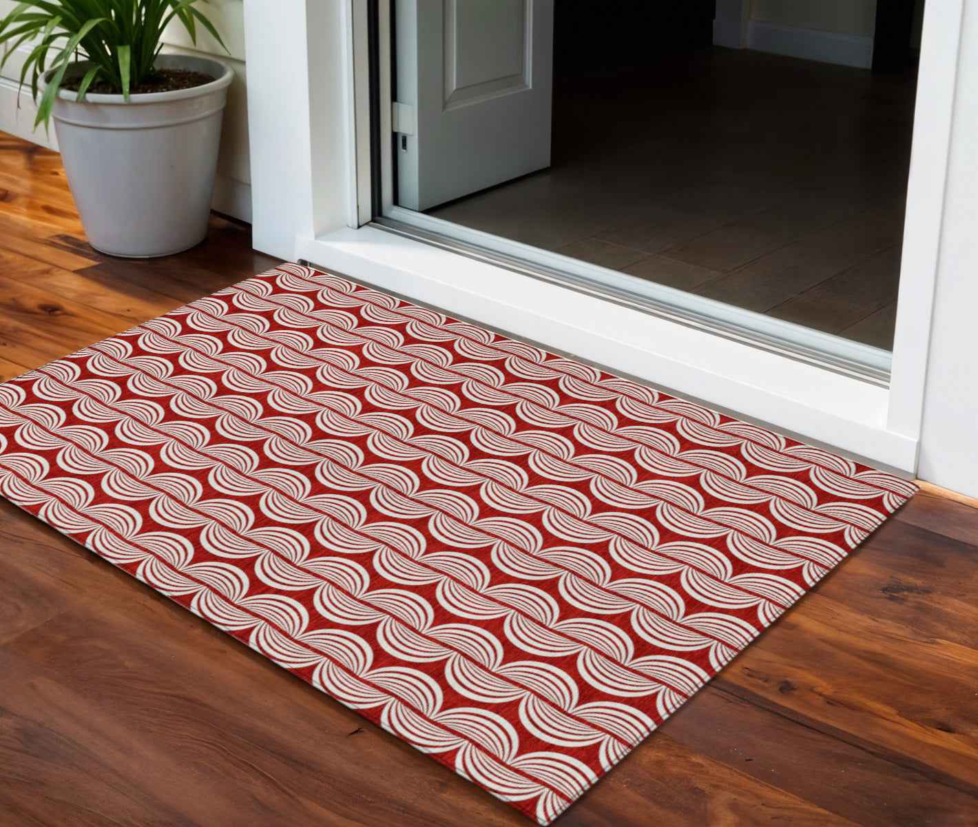 3' X 5' Red And Ivory Ogee Washable Indoor Outdoor Area Rug