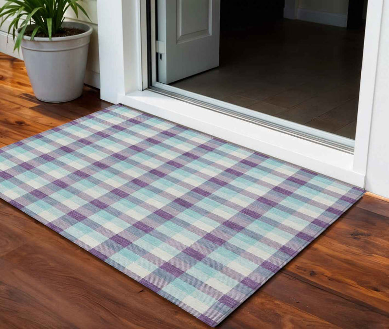 3' X 5' Purple Aqua And Beige Plaid Washable Indoor Outdoor Area Rug