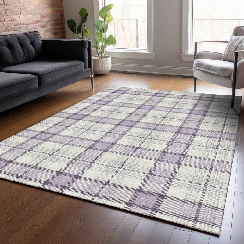 5' X 8' Lavender Purple And Gray Plaid Washable Indoor Outdoor Area Rug