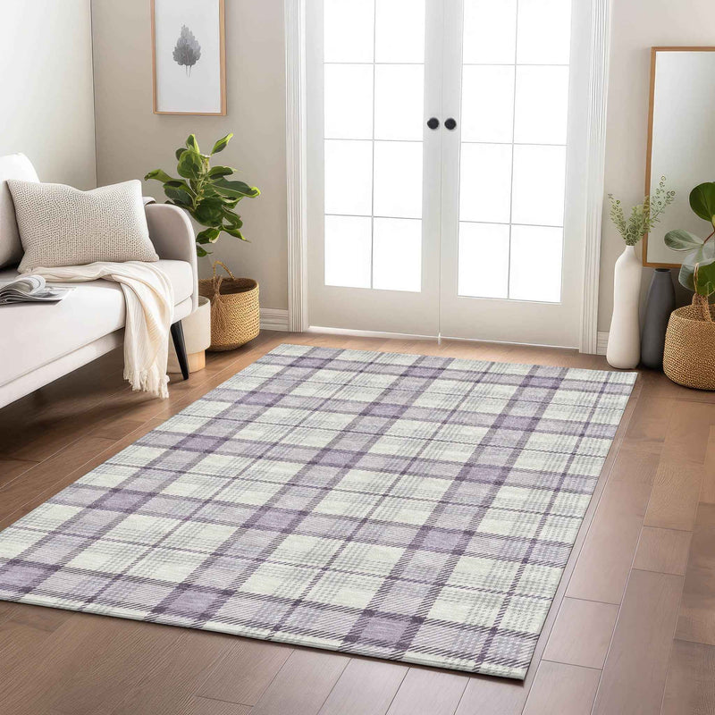 5' X 8' Lavender Purple And Gray Plaid Washable Indoor Outdoor Area Rug