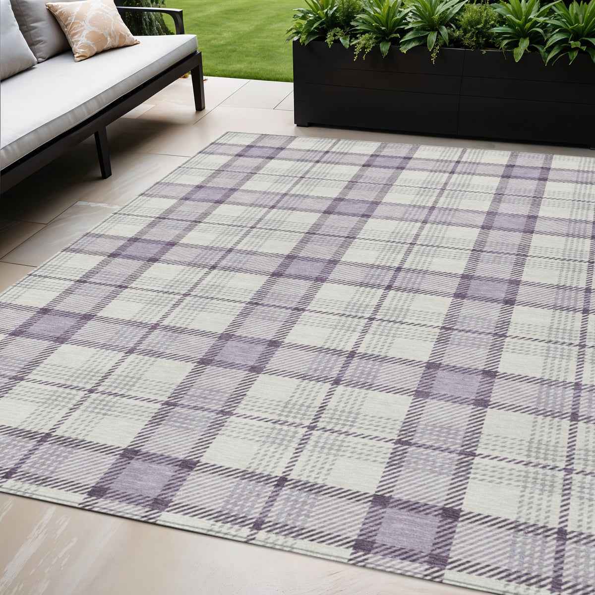 5' X 8' Lavender Purple And Gray Plaid Washable Indoor Outdoor Area Rug