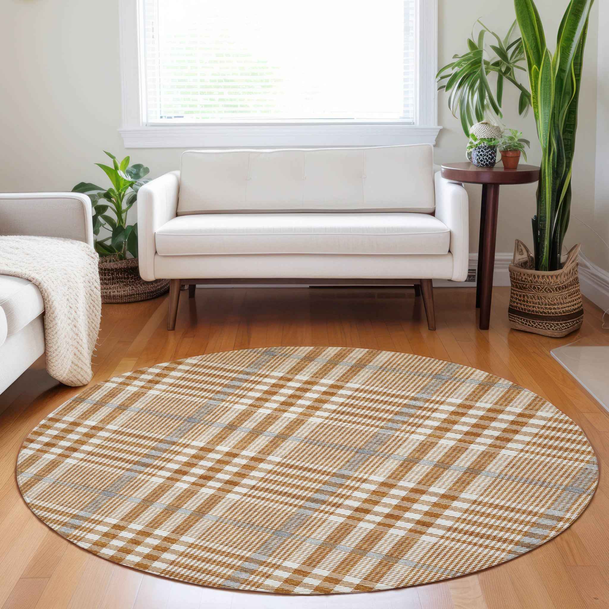 8' Brown Beige And Beige Round Plaid Washable Indoor Outdoor Area Rug