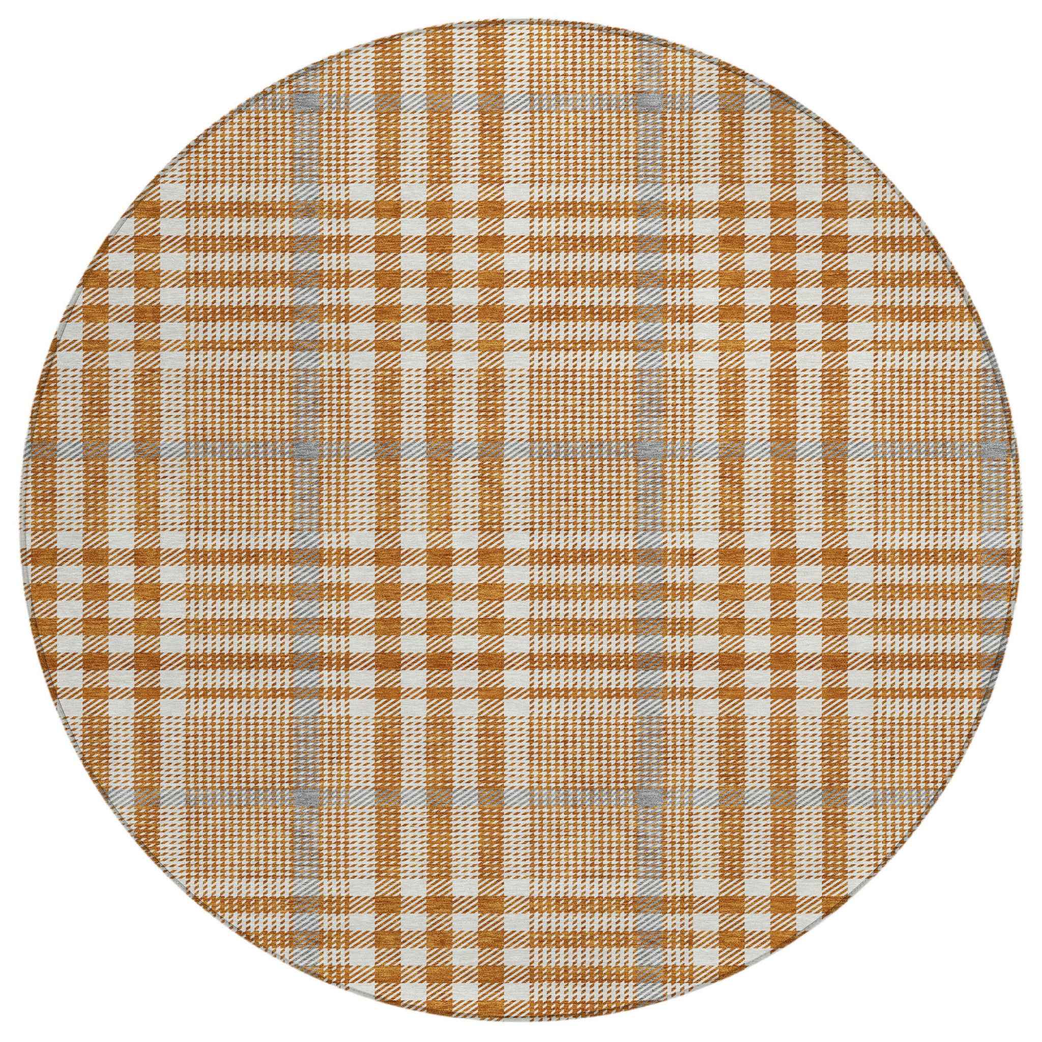 8' Brown Beige And Beige Round Plaid Washable Indoor Outdoor Area Rug
