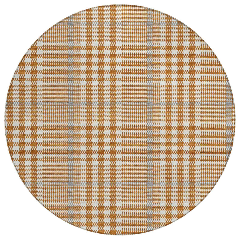 8' Brown Beige And Beige Round Plaid Washable Indoor Outdoor Area Rug