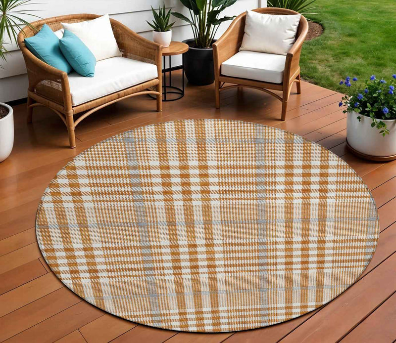 8' Brown Beige And Beige Round Plaid Washable Indoor Outdoor Area Rug