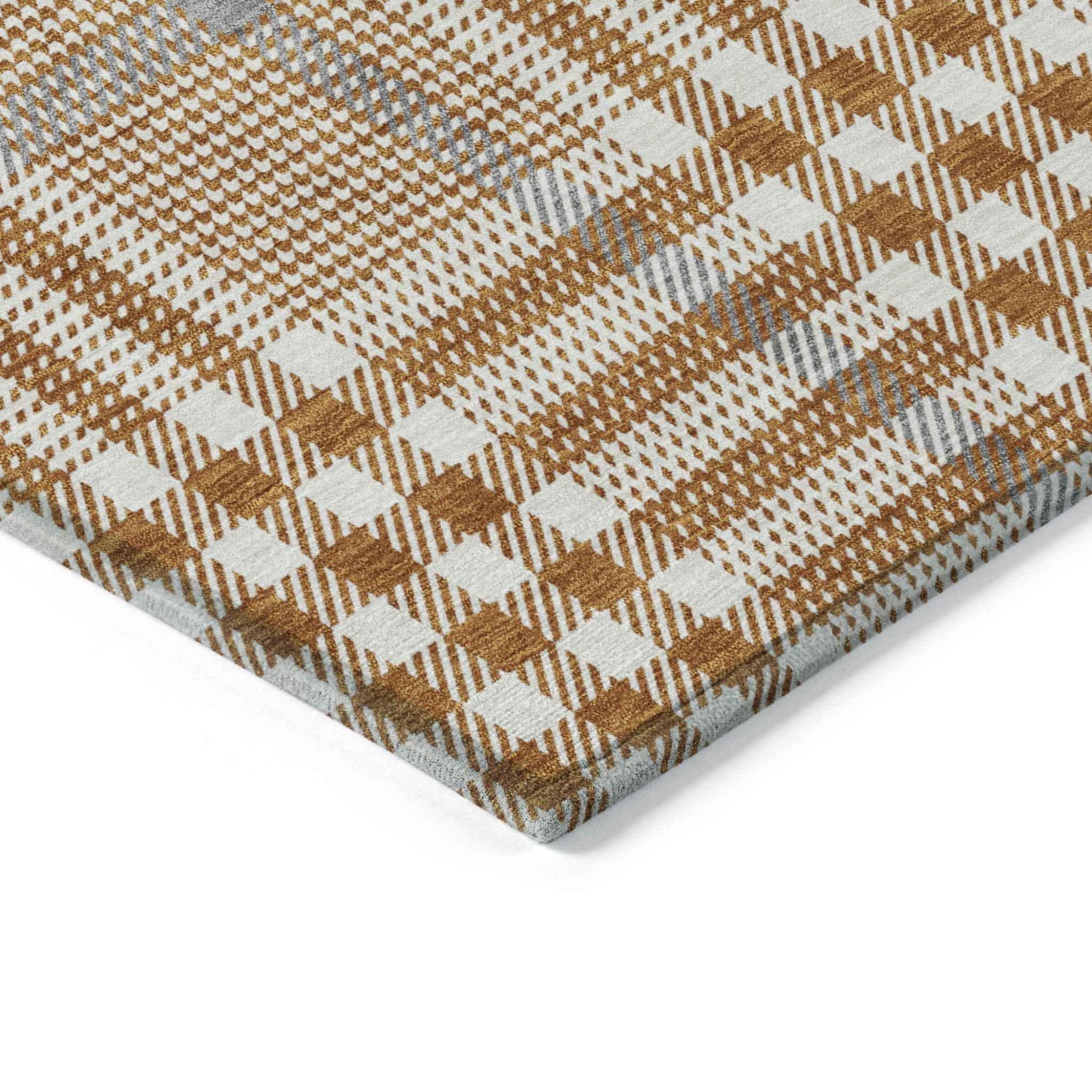 8' Brown Beige And Beige Round Plaid Washable Indoor Outdoor Area Rug