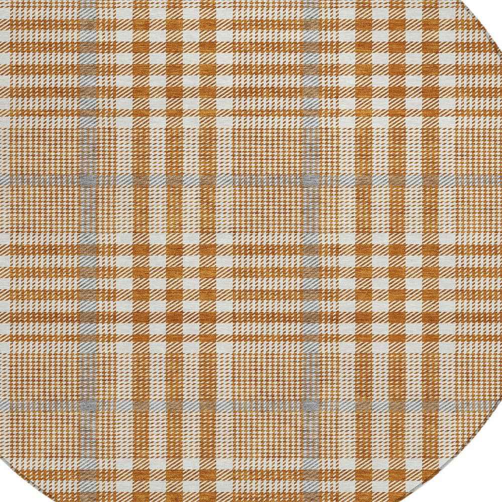 8' Brown Beige And Beige Round Plaid Washable Indoor Outdoor Area Rug