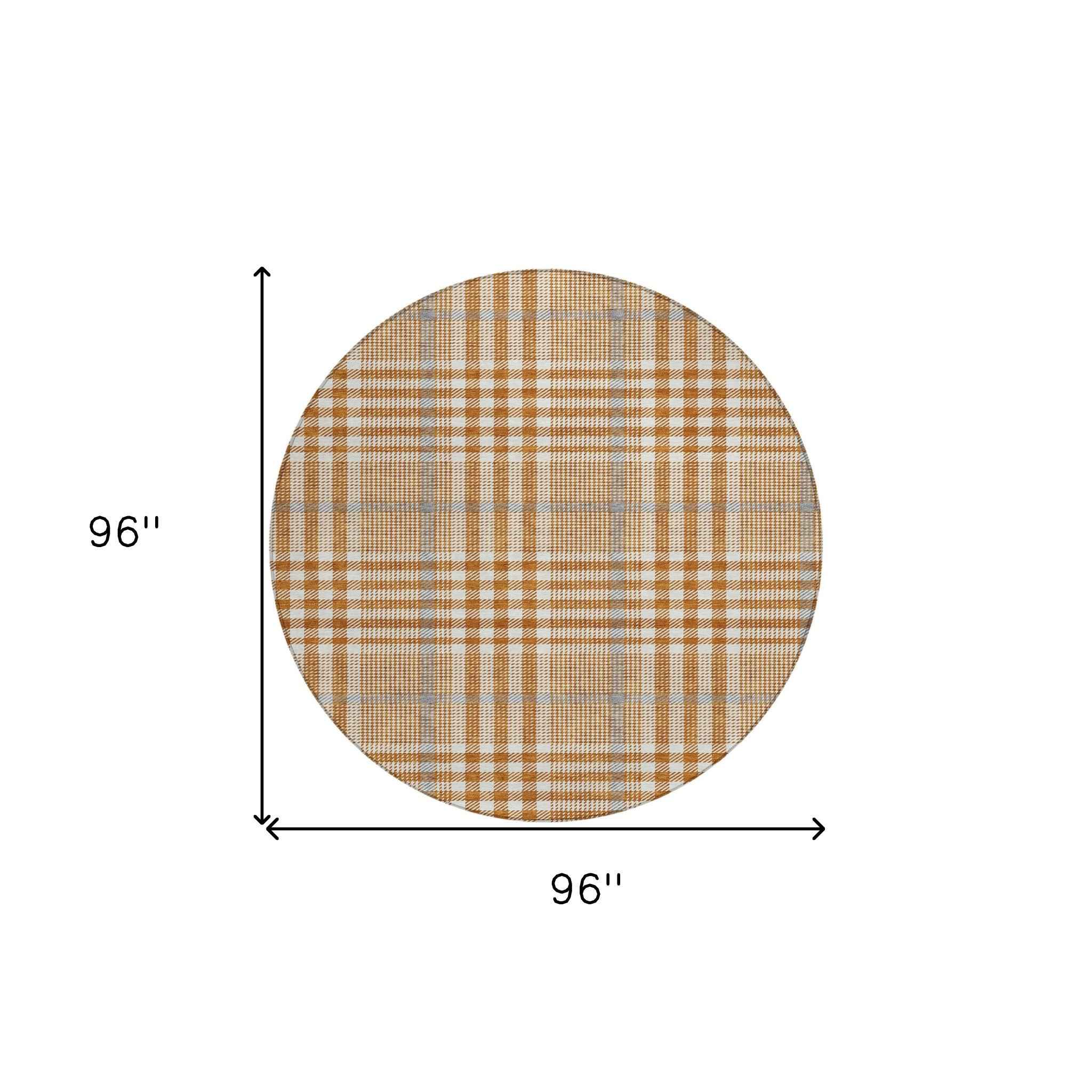 8' Brown Beige And Beige Round Plaid Washable Indoor Outdoor Area Rug