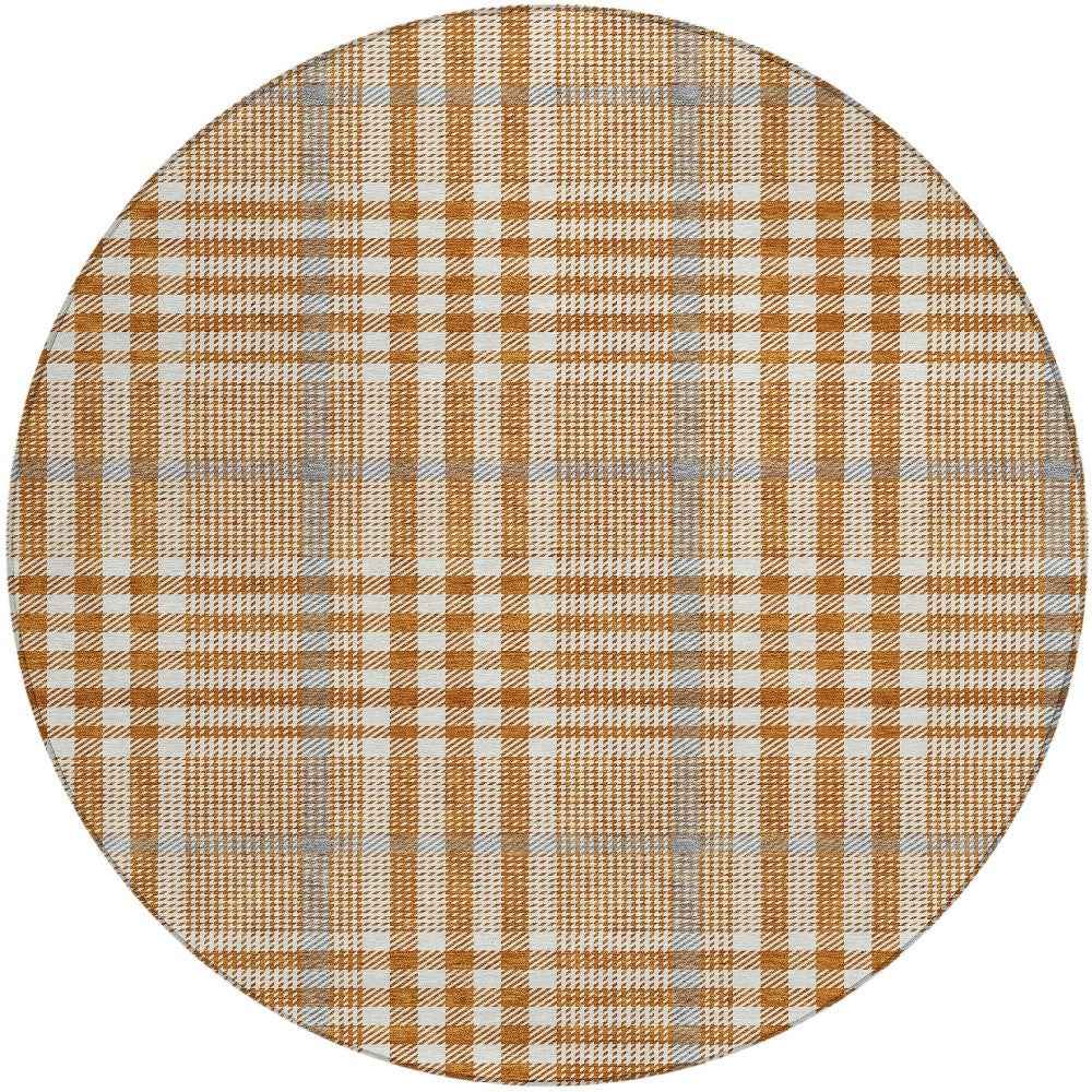 8' Brown Beige And Beige Round Plaid Washable Indoor Outdoor Area Rug