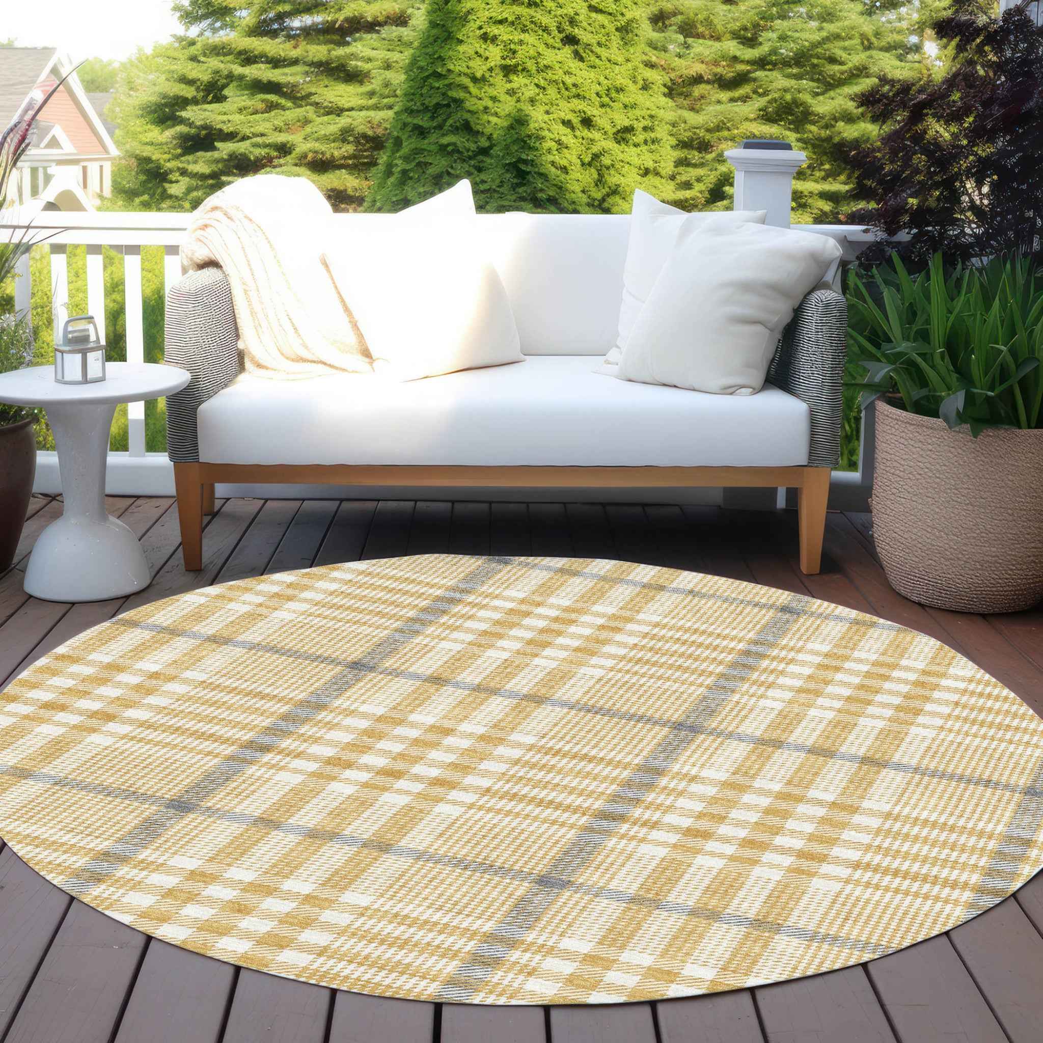 8' Gold Gray And Beige Round Plaid Washable Indoor Outdoor Area Rug
