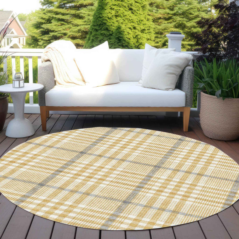 8' Gold Gray And Beige Round Plaid Washable Indoor Outdoor Area Rug
