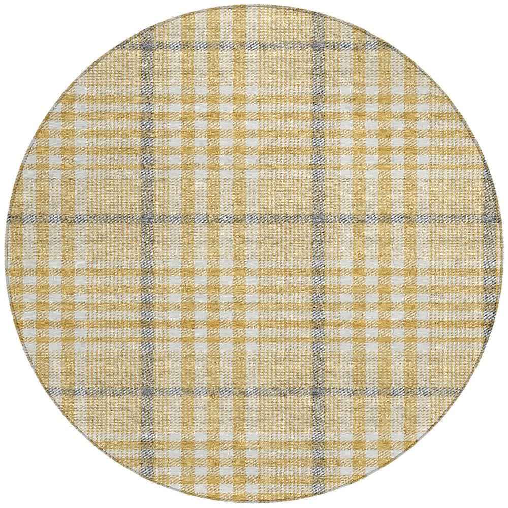 8' Gold Gray And Beige Round Plaid Washable Indoor Outdoor Area Rug