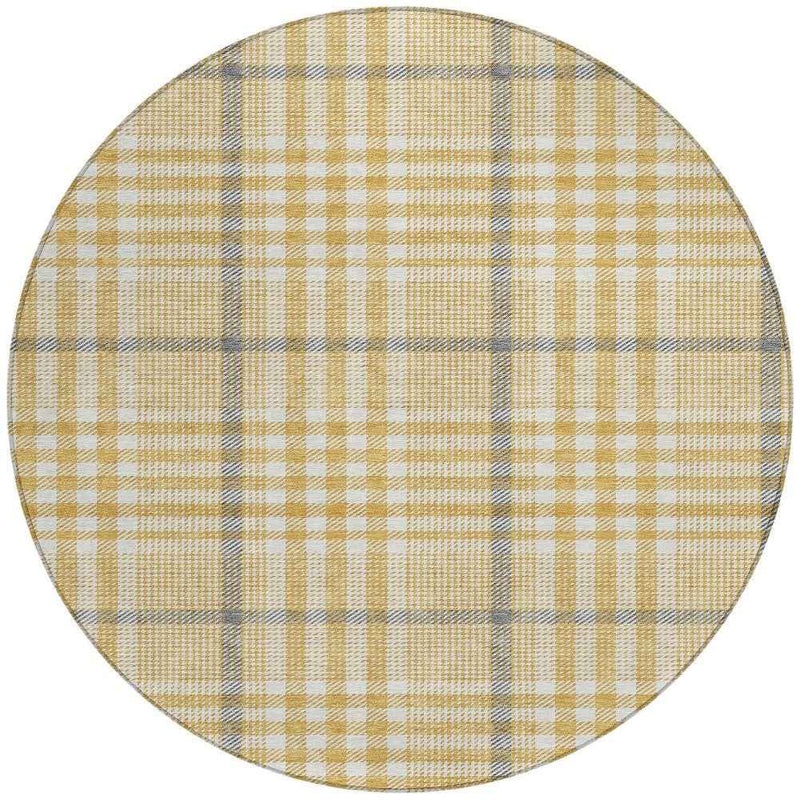 8' Gold Gray And Beige Round Plaid Washable Indoor Outdoor Area Rug