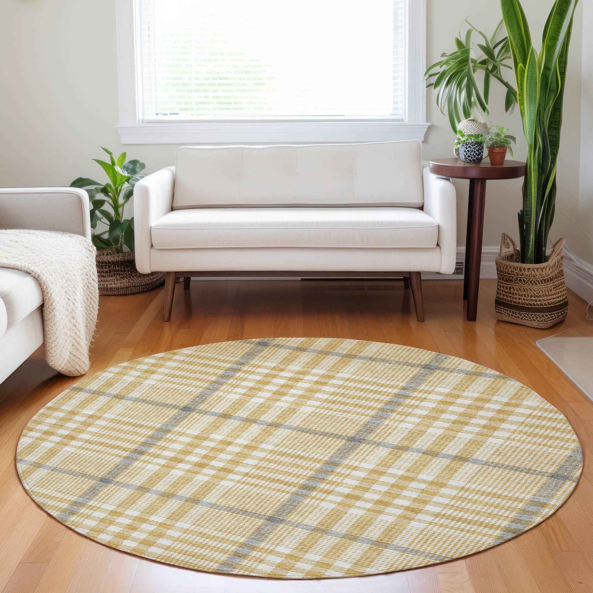 8' Gold Gray And Beige Round Plaid Washable Indoor Outdoor Area Rug