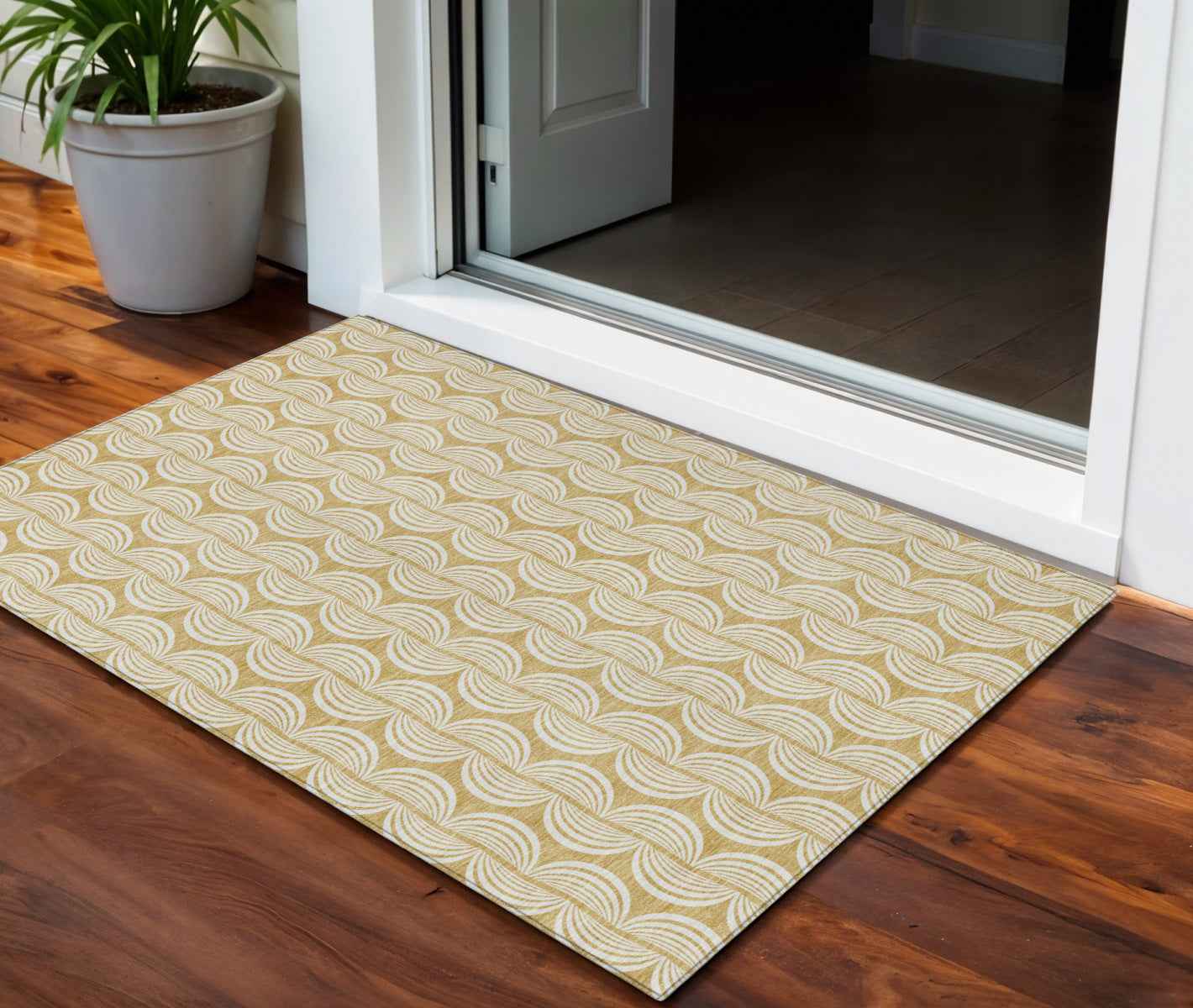3' X 5' Gold And Beige Ogee Washable Indoor Outdoor Area Rug
