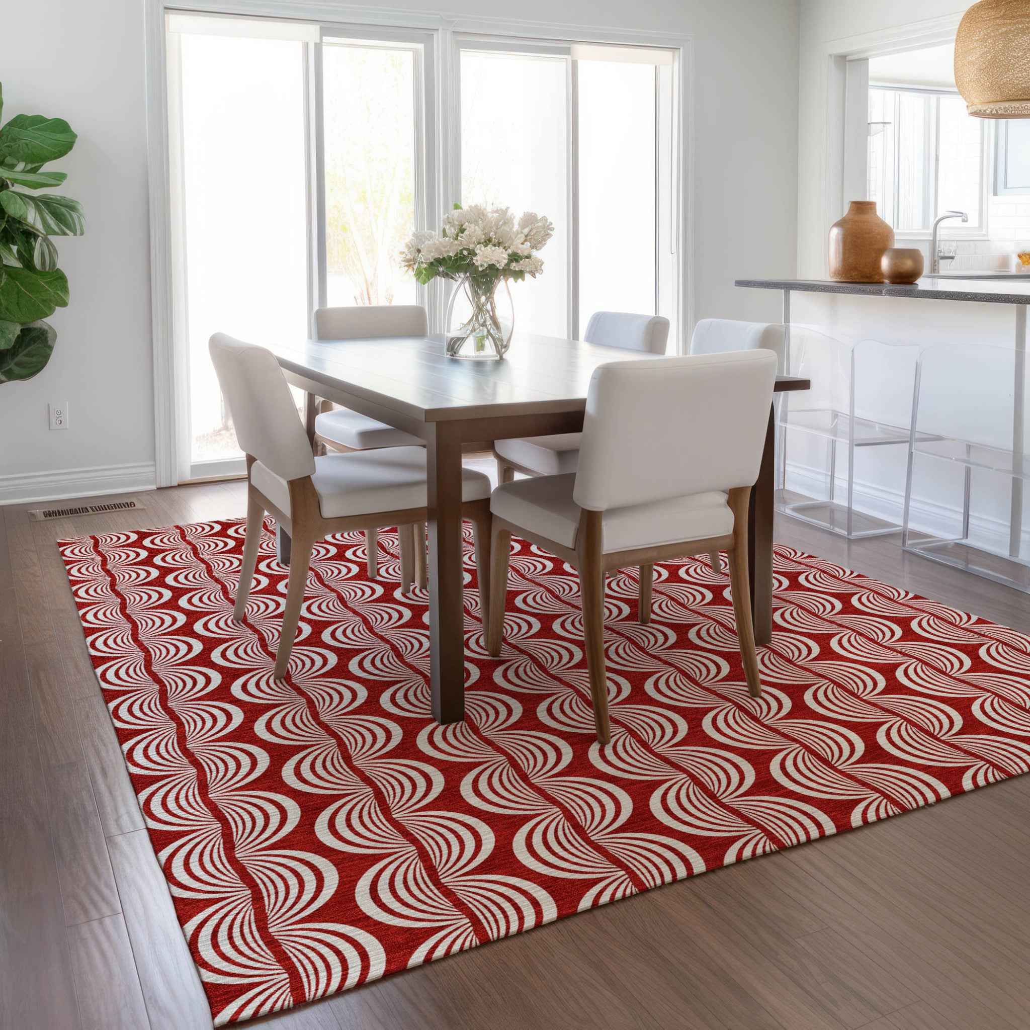 5' X 8' Red And Ivory Ogee Washable Indoor Outdoor Area Rug